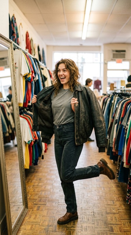 Thrift Store Try-On pose reference photo